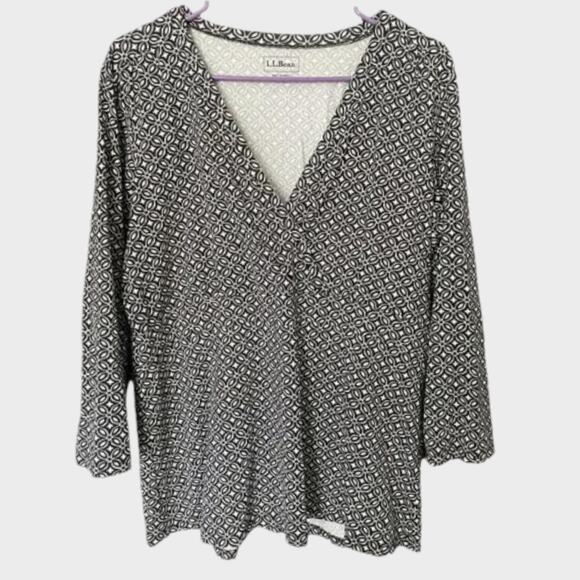 L.L. Bean Black White Pattern Womens L Top V Neck 3/4 Sleeves Tencell Spandex - Picture 4 of 9